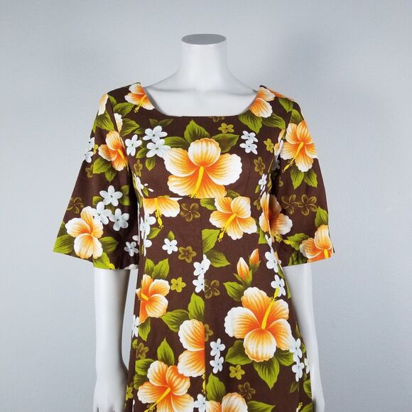 Ui-Maikai Hawaiian VTG 70s Empire  Hibiscus Print Maxi Brown Dress Size Small - Picture 3 of 13